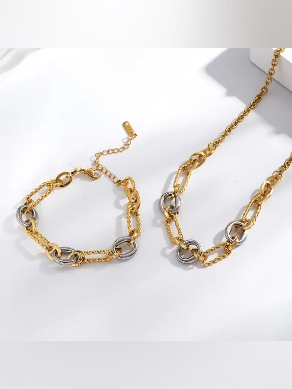 Two Tone Gold & Silver Chunky Chain Necklace and Bracelet Set Statement Jewelry - Picture 2 of 4